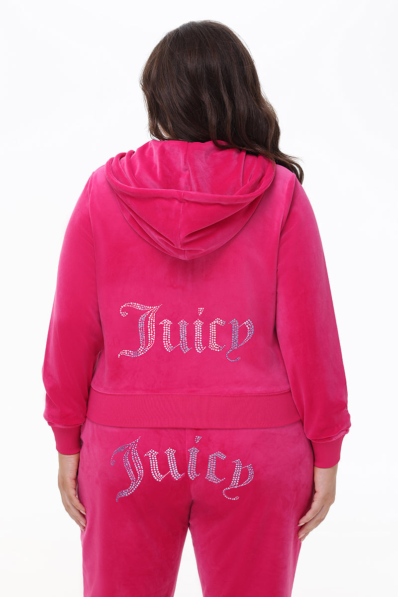 Plus-Size Technicolor Customizable Big Bling Velour Hoodie - Free Love - Juicy Couture