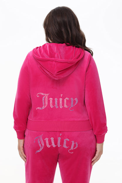 Plus-Size Technicolor Customizable Big Bling Velour Hoodie - Free Love - Juicy Couture