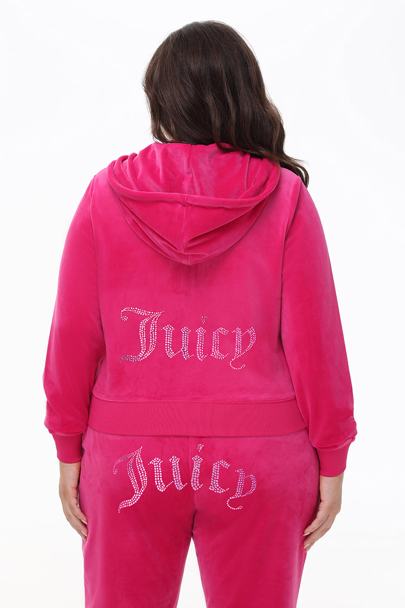 Plus-Size Technicolor Customizable Big Bling Velour Hoodie - Free Love - Juicy Couture