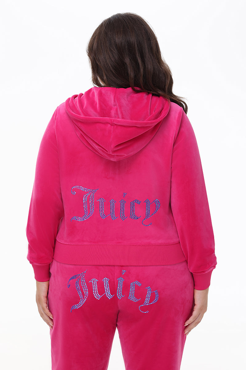 Plus-Size Technicolor Customizable Big Bling Velour Hoodie - Free Love - Juicy Couture