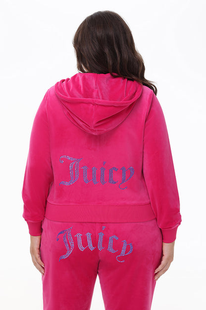 Plus-Size Technicolor Customizable Big Bling Velour Hoodie - Free Love - Juicy Couture