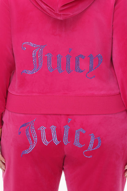 Plus-Size Technicolor Customizable Big Bling Velour Hoodie - Free Love - Juicy Couture
