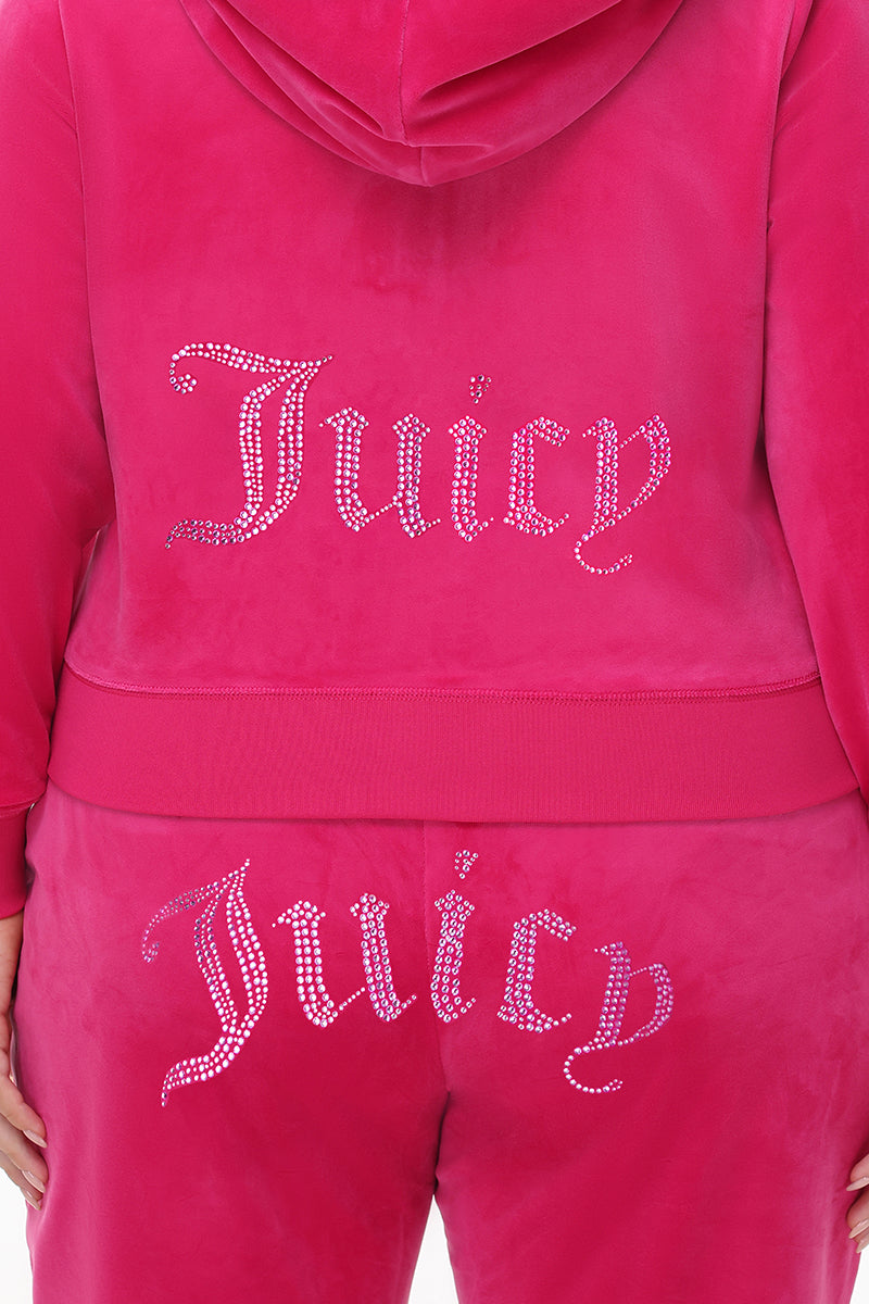 Plus-Size Technicolor Customizable Big Bling Velour Hoodie - Free Love - Juicy Couture