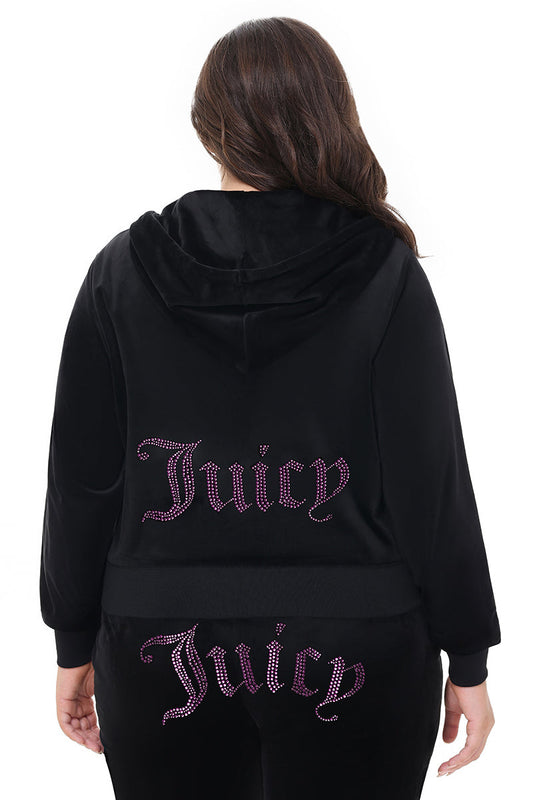 Plus-Size Technicolor Customizable Big Bling Velour Hoodie - Liquorice - Juicy Couture