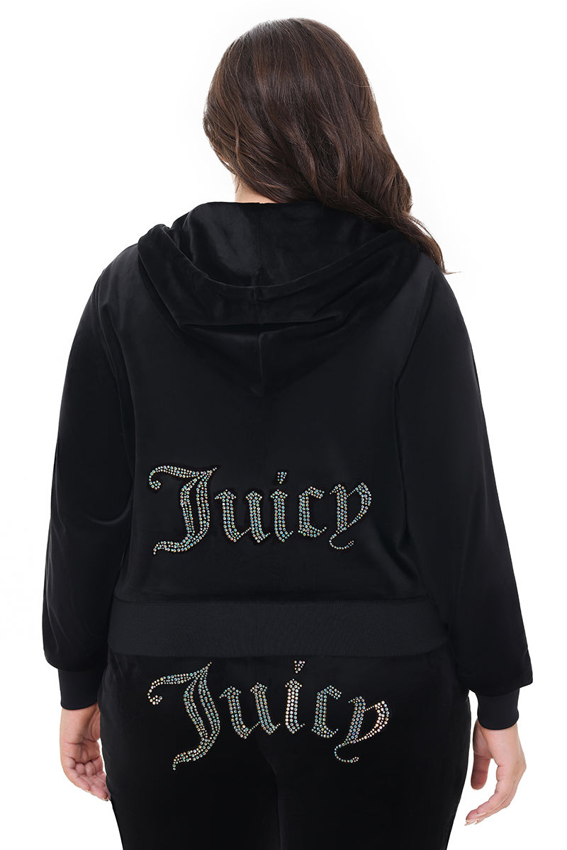Plus-Size Technicolor Customizable Big Bling Velour Hoodie - Liquorice - Juicy Couture