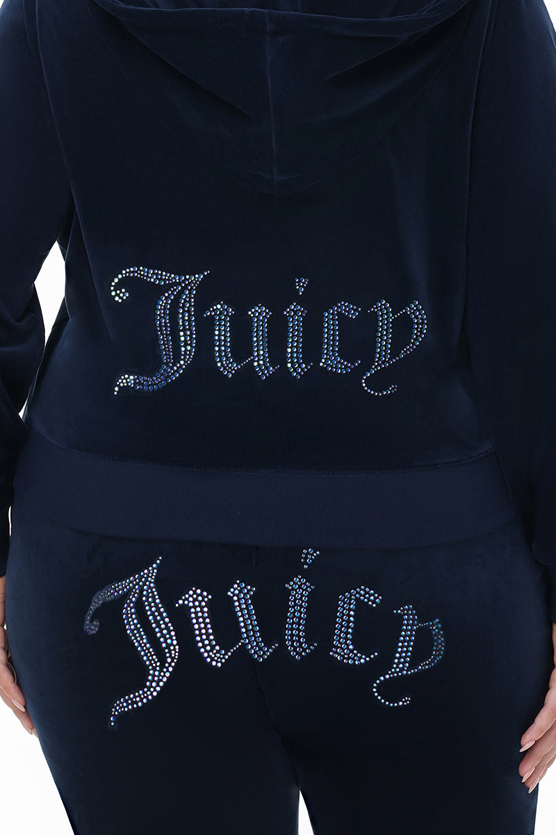 Plus-Size Technicolor Customizable Big Bling Velour Hoodie - Regal Blue - Juicy Couture