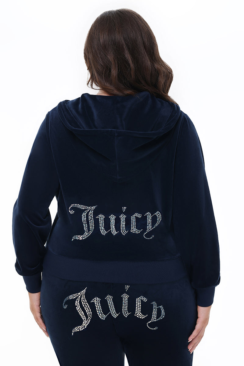 Plus-Size Technicolor Customizable Big Bling Velour Hoodie - Regal Blue - Juicy Couture