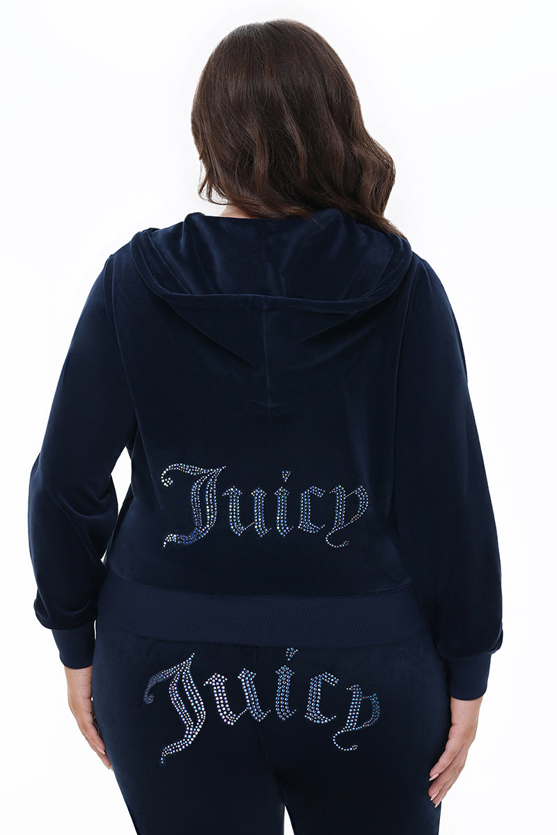Plus-Size Technicolor Customizable Big Bling Velour Hoodie - Regal Blue - Juicy Couture