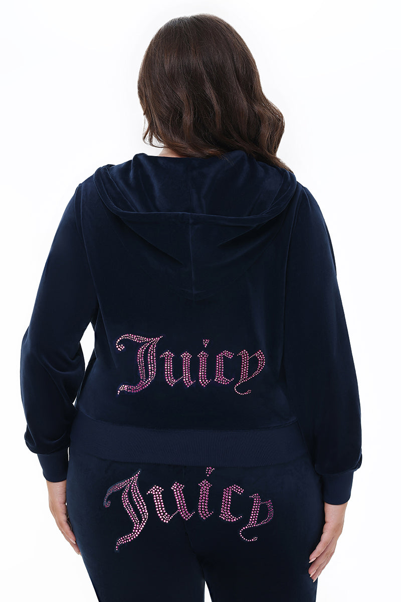 Plus-Size Technicolor Customizable Big Bling Velour Hoodie - Regal Blue - Juicy Couture
