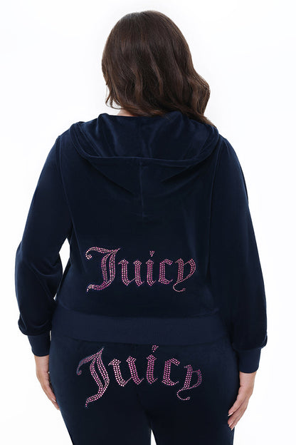 Plus-Size Technicolor Customizable Big Bling Velour Hoodie - Regal Blue - Juicy Couture