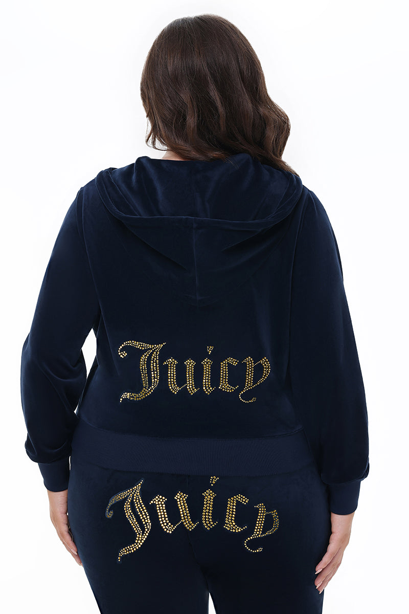 Plus-Size Technicolor Customizable Big Bling Velour Hoodie - Regal Blue - Juicy Couture