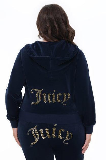 Plus-Size Technicolor Customizable Big Bling Velour Hoodie - Regal Blue - Juicy Couture