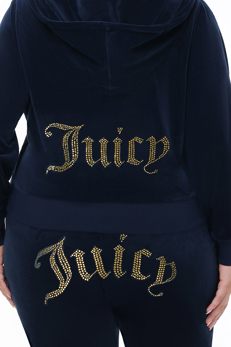 Plus-Size Technicolor Customizable Big Bling Velour Hoodie - Regal Blue - Juicy Couture