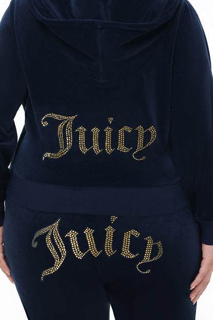 Plus-Size Technicolor Customizable Big Bling Velour Hoodie - Regal Blue - Juicy Couture