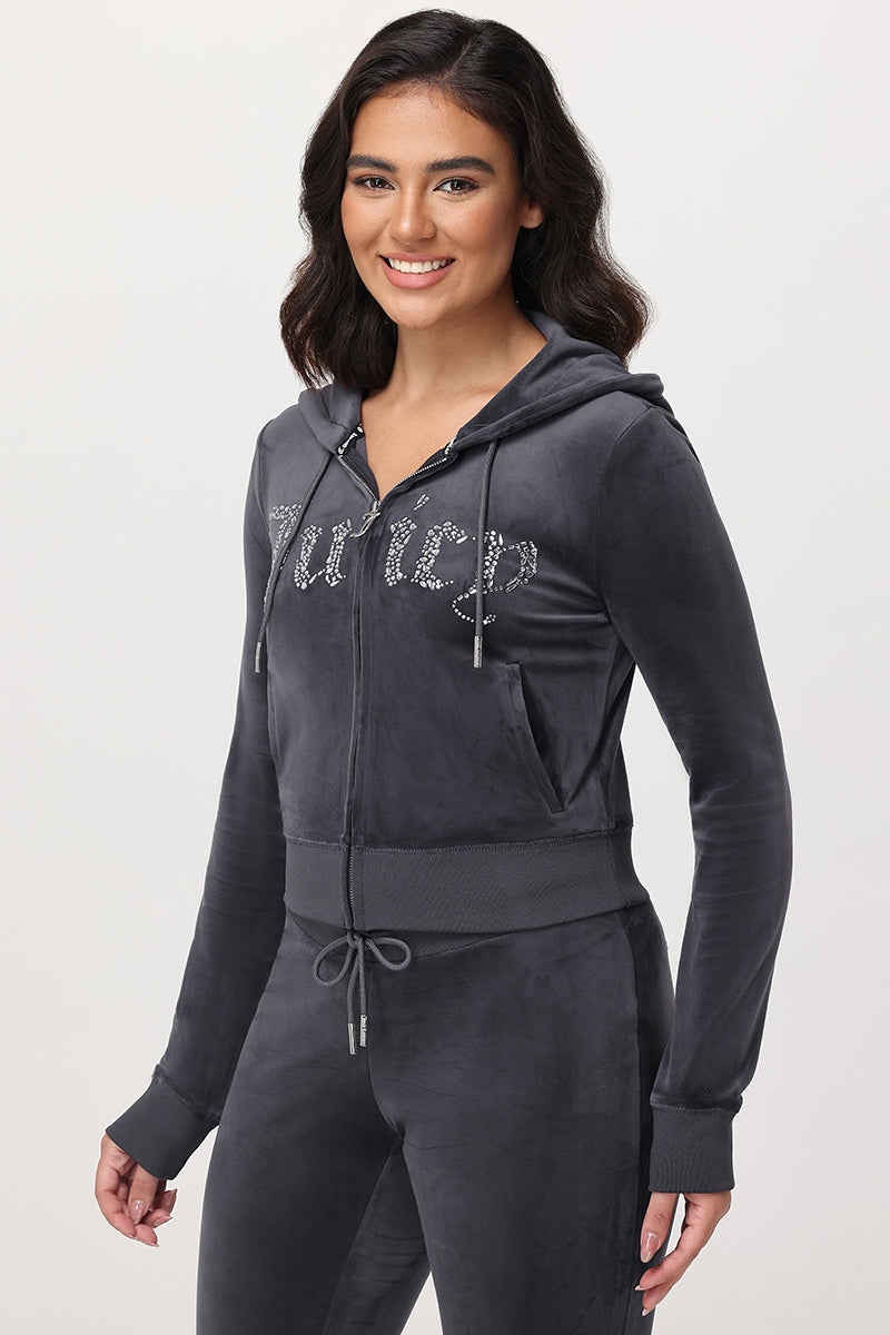 Front Mixed Crystals Velour Hoodie - Titanium - Juicy Couture