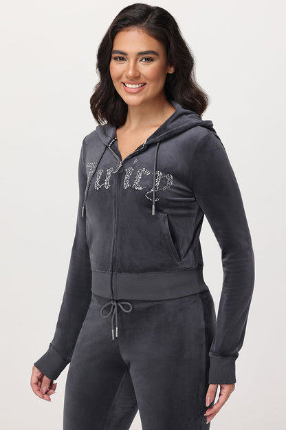 Front Mixed Crystals Velour Hoodie - Titanium - Juicy Couture