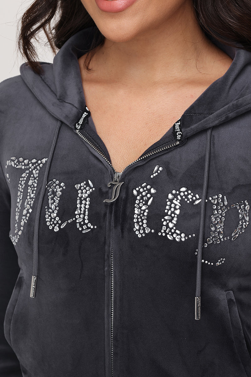 Front Mixed Crystals Velour Hoodie - Titanium - Juicy Couture