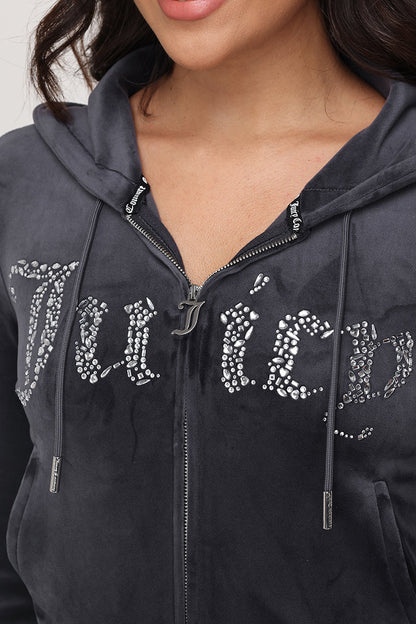Front Mixed Crystals Velour Hoodie - Titanium - Juicy Couture