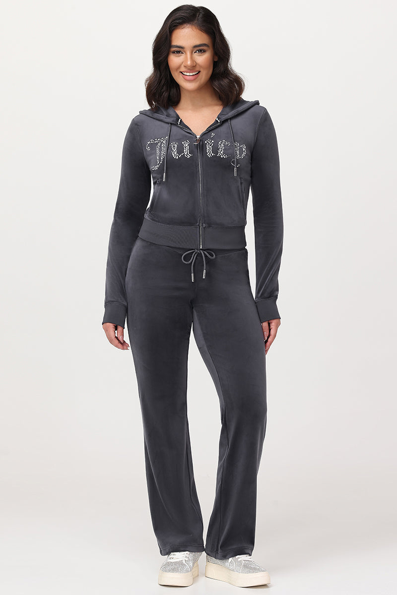 Front Mixed Crystals Velour Hoodie - Titanium - Juicy Couture