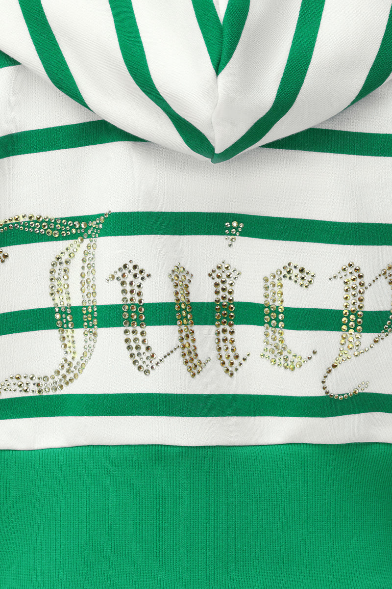 A close-up of the Stripe Bling Terry Hoodie in a cropped fit, featuring green and white terry stripes and a rhinestone Juicy logo on the back.