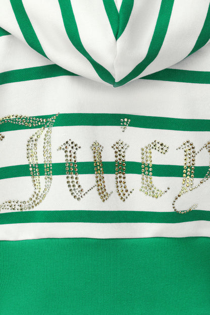 A close-up of the Stripe Bling Terry Hoodie in a cropped fit, featuring green and white terry stripes and a rhinestone Juicy logo on the back.