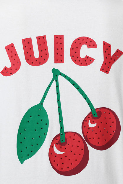The Cherry Bling Graphic Tee features two red cherries with a green leaf and stem, accented by black dots below bold red “JUICY” text—all on a crisp white background for a stylish cherry-themed look.