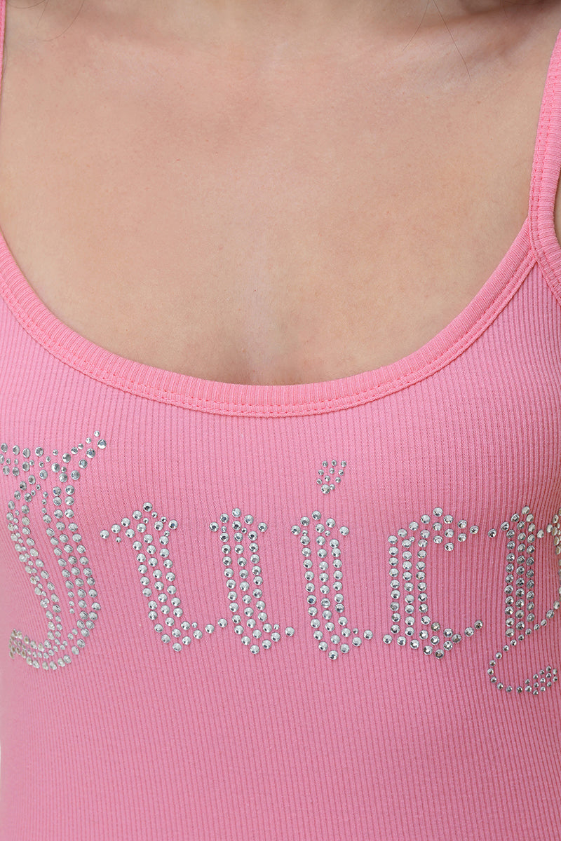Close-up of a person wearing the Big Bling Mini Dress in pink, featuring a ribbed texture and a sparkling rhinestone Juicy logo across the chest.