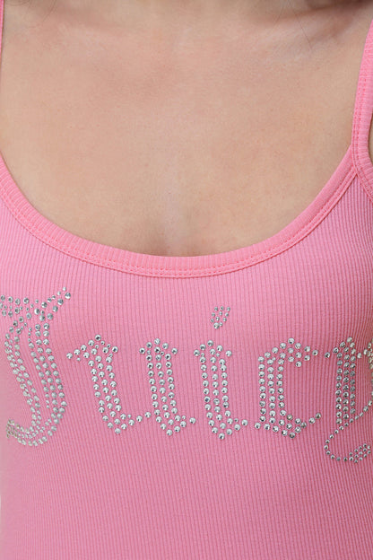 Close-up of a person wearing the Big Bling Mini Dress in pink, featuring a ribbed texture and a sparkling rhinestone Juicy logo across the chest.