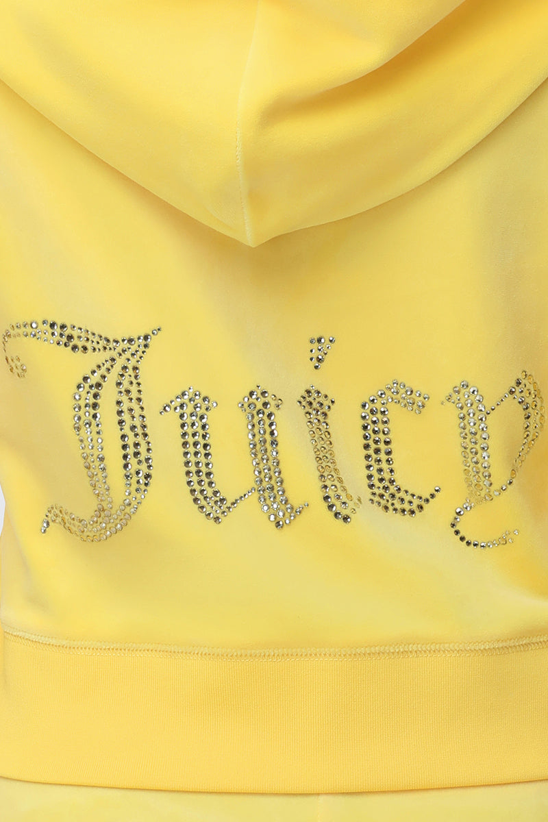 Close-up of the back of the OG Big Bling Velour Hoodie in yellow, featuring "Juicy" spelled out in sparkling rhinestones as a luxe decorative embellishment.