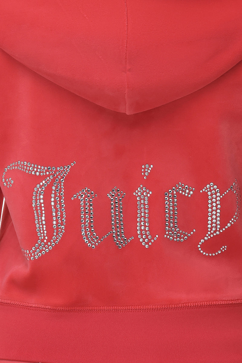 The OG Big Bling Velour Hoodie is a luxe red velour hoodie with "Juicy" in large silver rhinestones on the back—the perfect bold statement piece.