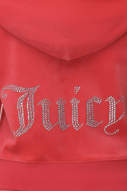 The OG Big Bling Velour Hoodie is a luxe red velour hoodie with "Juicy" in large silver rhinestones on the back—the perfect bold statement piece.