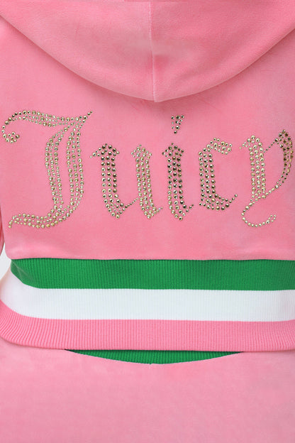 A close-up of the back of the Heritage Stripe Bling Velour Zip Hoodie in pink, featuring "Juicy" in gold rhinestones above a green, white, and pink striped waistband.