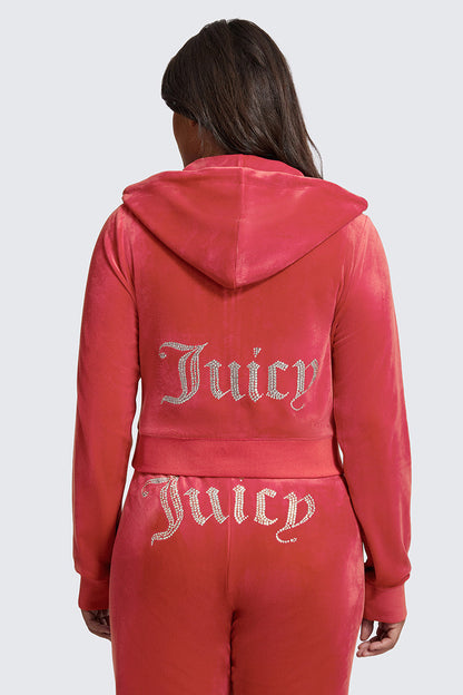 A person is seen from the back wearing the Plus-Size OG Big Bling Velour Hoodie in pink velour, featuring Juicy embellishment in rhinestones, paired with matching pants.