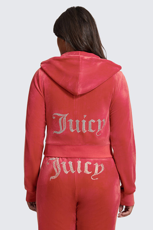 A person is seen from the back wearing the Plus-Size OG Big Bling Velour Hoodie in pink velour, featuring Juicy embellishment in rhinestones, paired with matching pants.