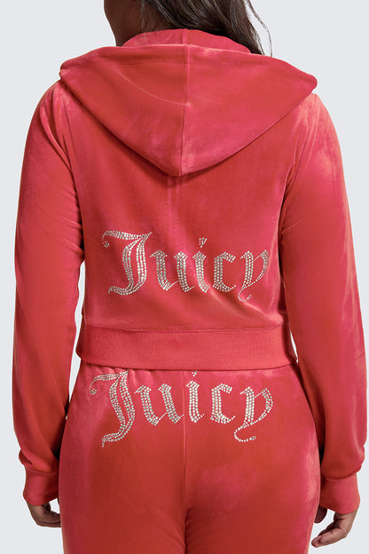 A person is seen from behind wearing the Plus-Size OG Big Bling Velour Hoodie, a pink velour tracksuit with Juicy rhinestone embellishments decorating the back of the jacket and pants.