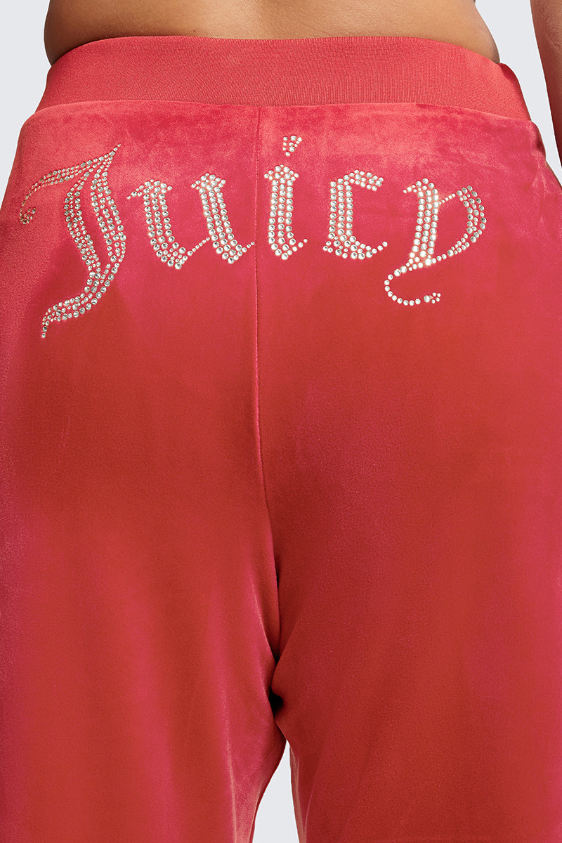 Close-up of the back of Plus-Size OG Big Bling Velour Track Pants, featuring a sparkling rhinestone Juicy embellishment across the seat for a classic Y2K vibe.