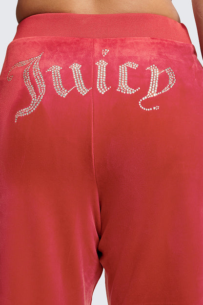 Close-up of the back of Plus-Size OG Big Bling Velour Track Pants, featuring a sparkling rhinestone Juicy embellishment across the seat for a classic Y2K vibe.