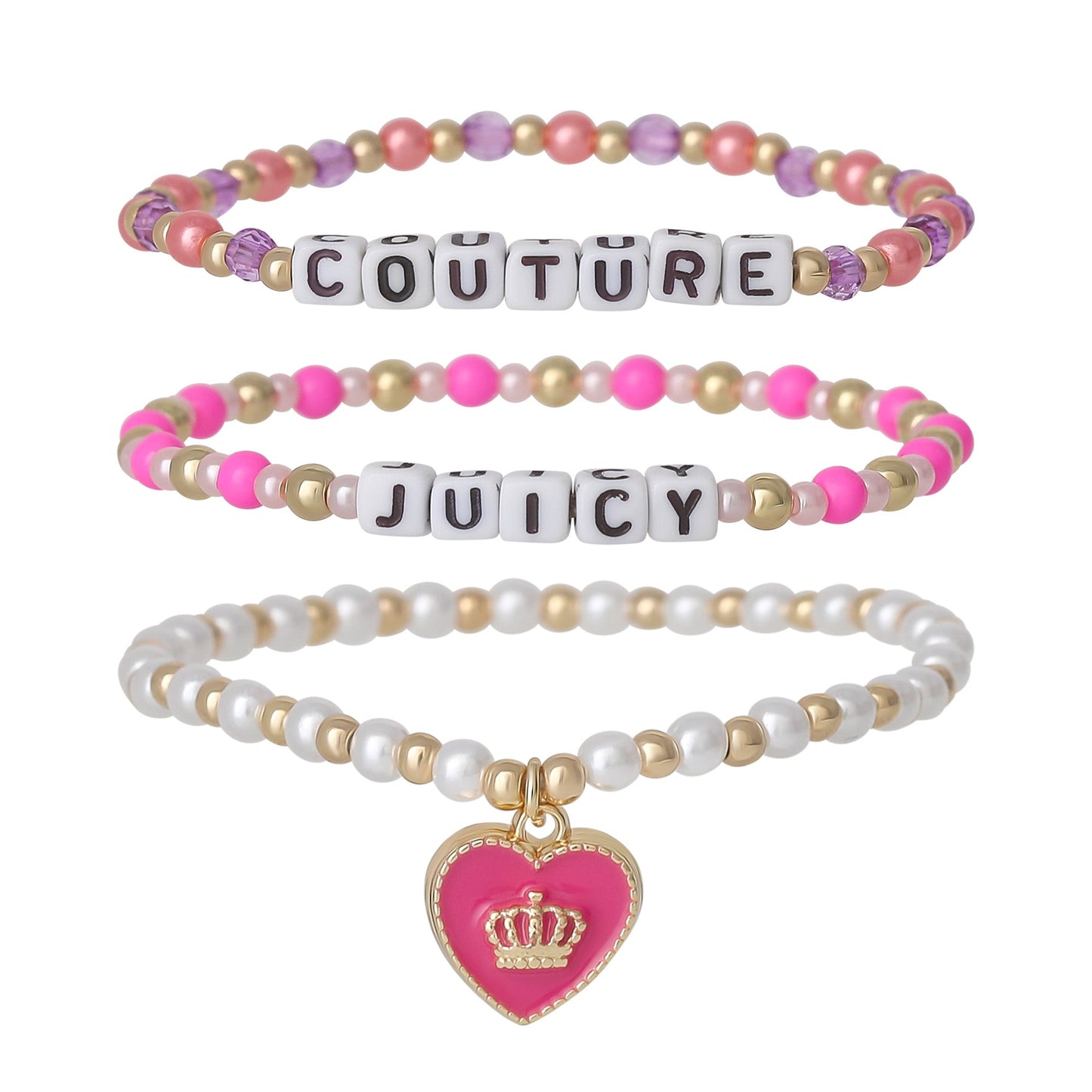 Kids Choose Juicy Heart Charm 3 Piece Beaded Bracelet Set - Goldtone - Juicy Couture