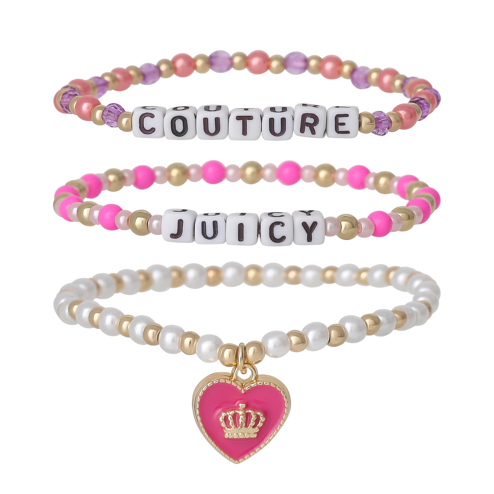 Kids Choose Juicy Heart Charm 3 Piece Beaded Bracelet Set - Goldtone - Juicy Couture