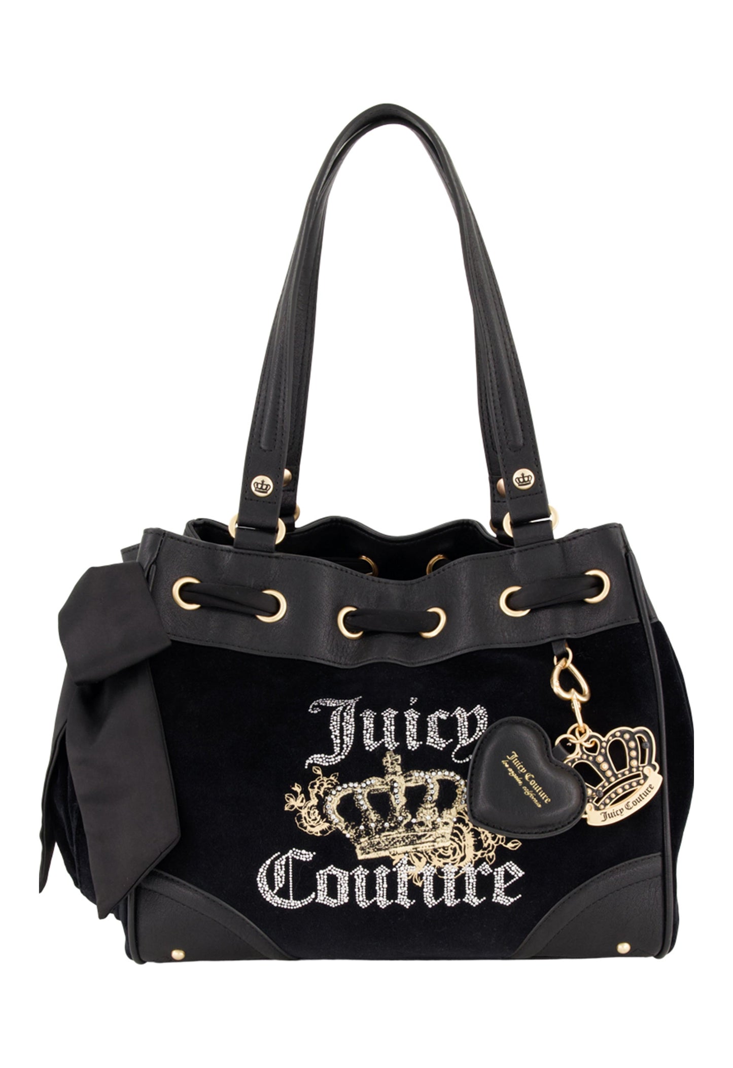 The Royal Bloom Daydreamer Tote Bag by Juicy Couture features a black design with gold accents, crown emblem, sparkling logo text, double handles, a side bow, and a gold crown charm with a heart-shaped leather tag.