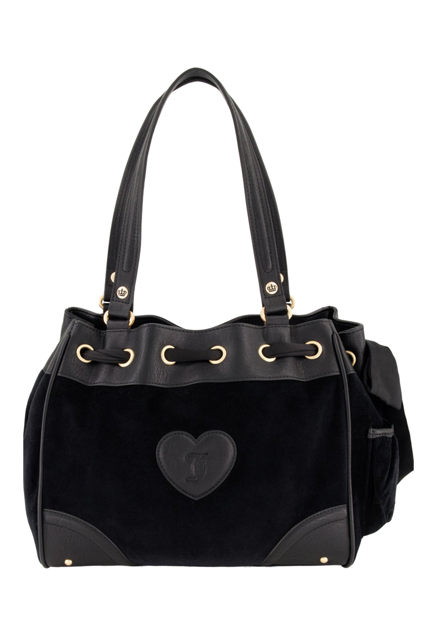 The Royal Bloom Daydreamer Tote Bag is a black suede and leather tote with double handles, gold eyelets, a heart-shaped accent, curved leather trim, Juicy glamour details, and a handy side pocket.