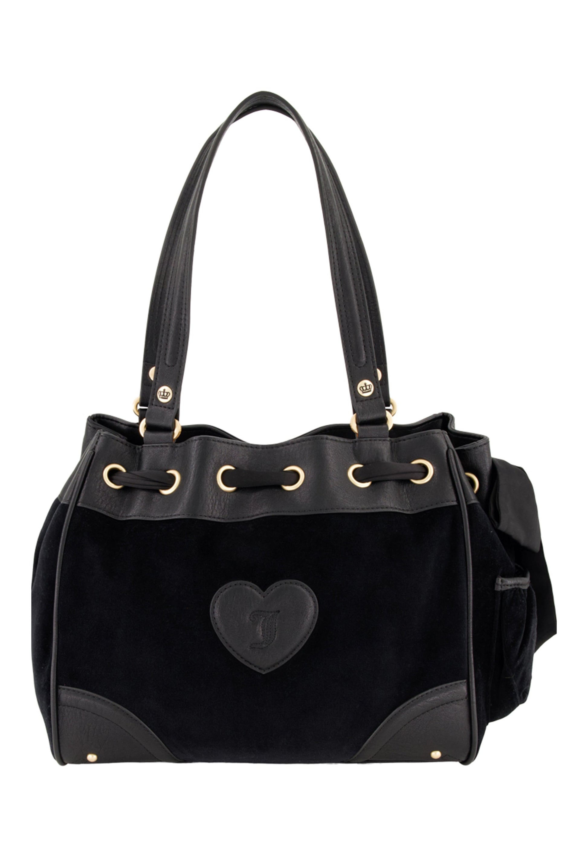 The Royal Bloom Daydreamer Tote Bag is a black suede and leather tote with double handles, gold eyelets, a heart-shaped accent, curved leather trim, Juicy glamour details, and a handy side pocket.