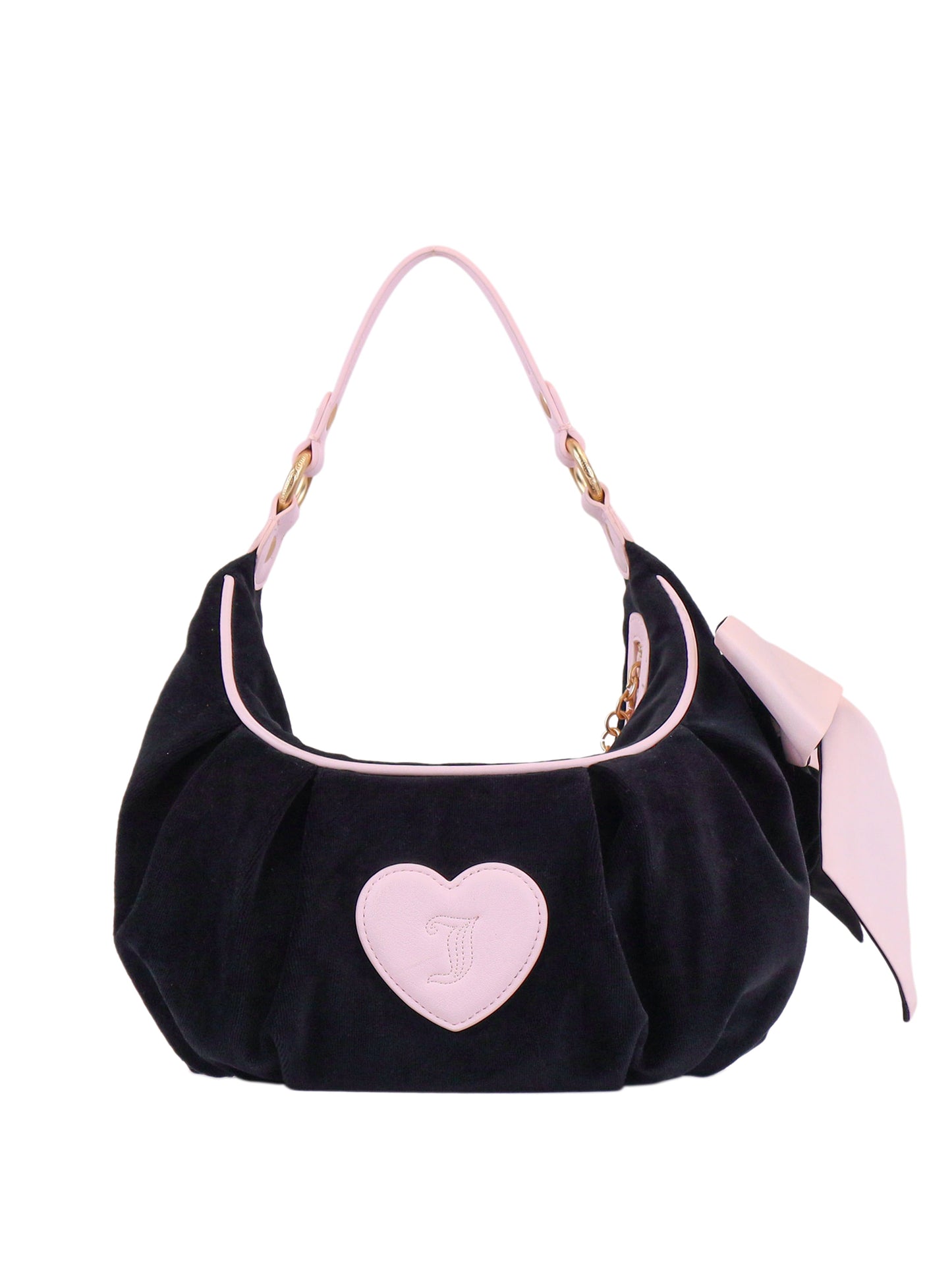 The Royal Bloom Hobo Bag features black suede, light pink leather accents, a pink heart patch with a letter, a matching handle, and a large pink bow—an ideal chic everyday accessory.