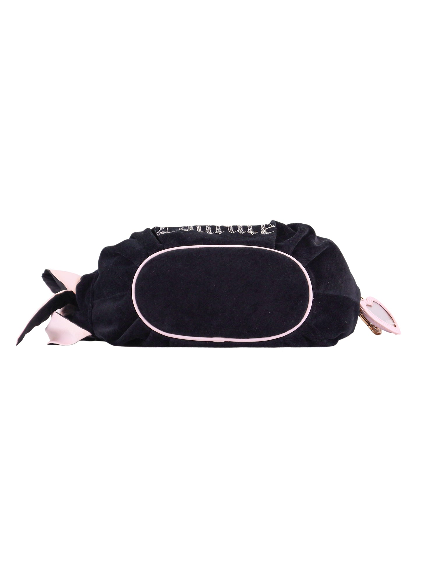 The Royal Bloom Hobo Bag in black with light pink trim is shown lying flat, highlighting its oval-shaped bottom and top zipper closure—perfect for everyday use.