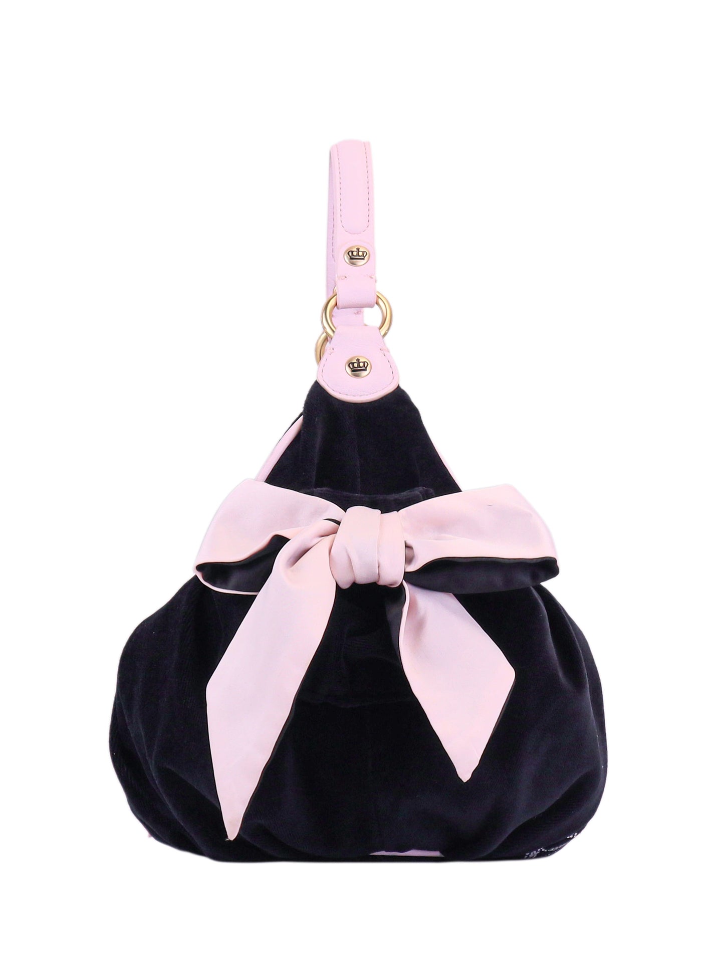 The Royal Bloom Hobo Bag is a black velvet glam bag with a pink leather strap, a bold pink bow on the front, and gold hardware—perfect as your standout everyday accessory.