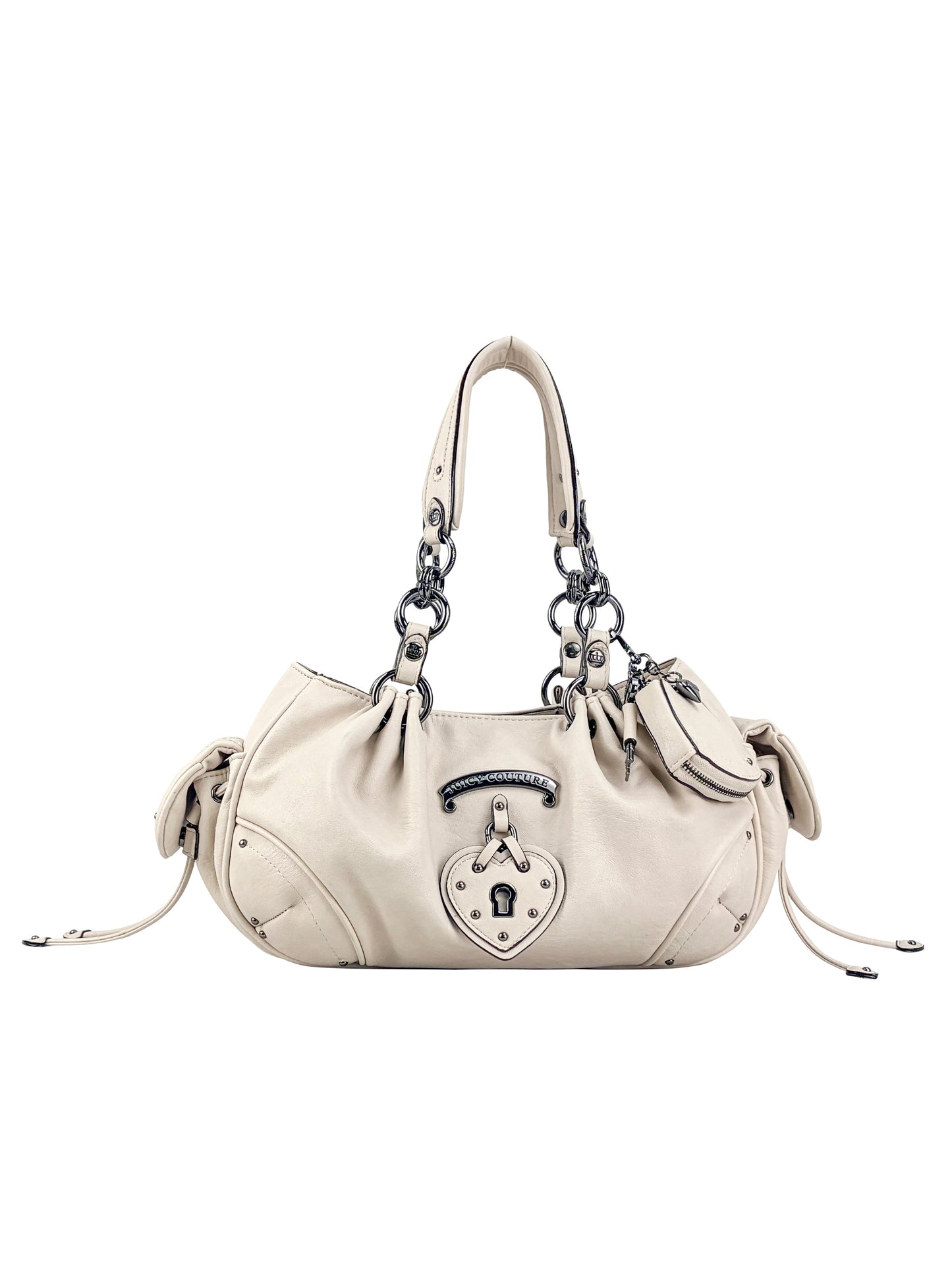 The Vintage Vibes Satchel Bag features cream-colored leather, silver hardware, dual chain-link handles, knot side accents, and a front lock plate for retro-inspired style.