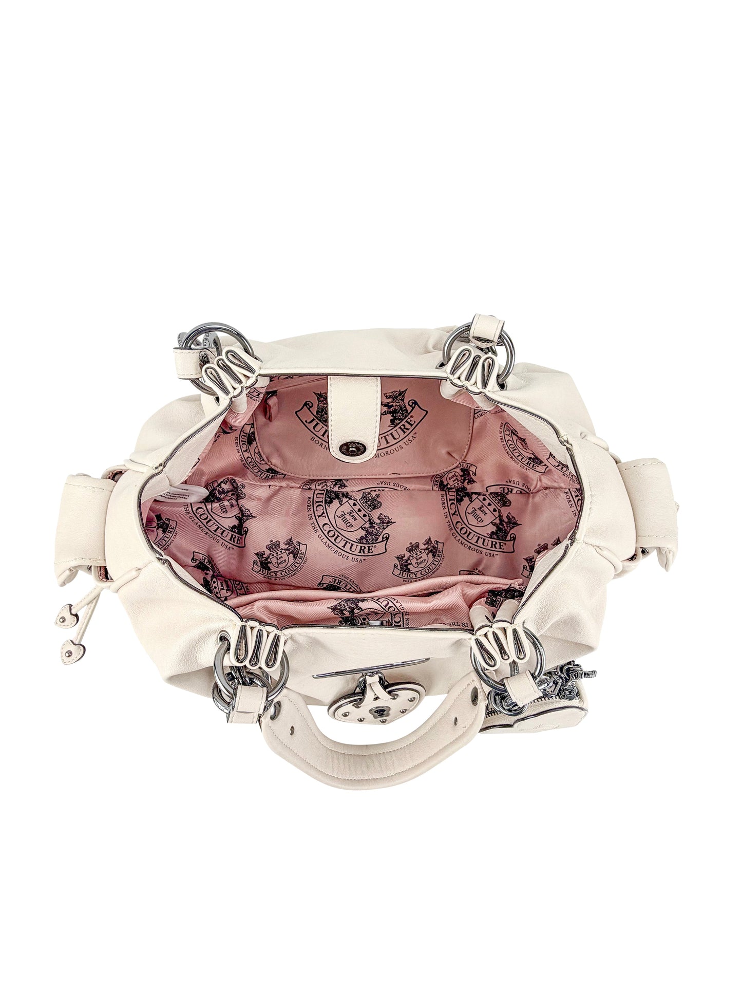 The Vintage Vibes Satchel Bag features a cream exterior, silver hardware, and an open view of its pink satin lining with a Juicy logo print—ideal for fans of retro glamour.