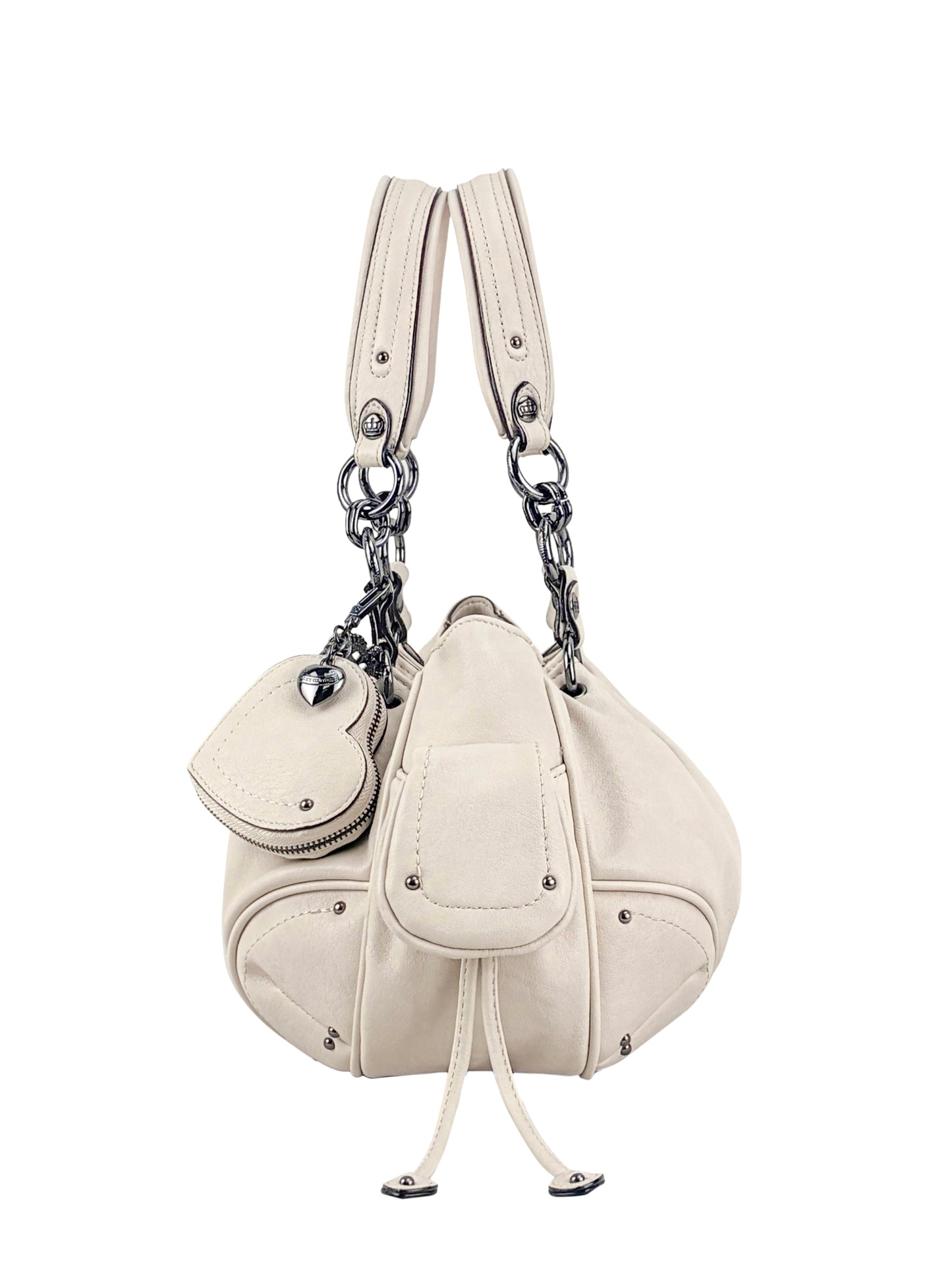 The Vintage Vibes Satchel Bag is cream-colored leather with metal hardware, dual handles, decorative stitching, a front pocket with flap and drawstring, plus a matching coin pouch attached by a chain for retro style.
