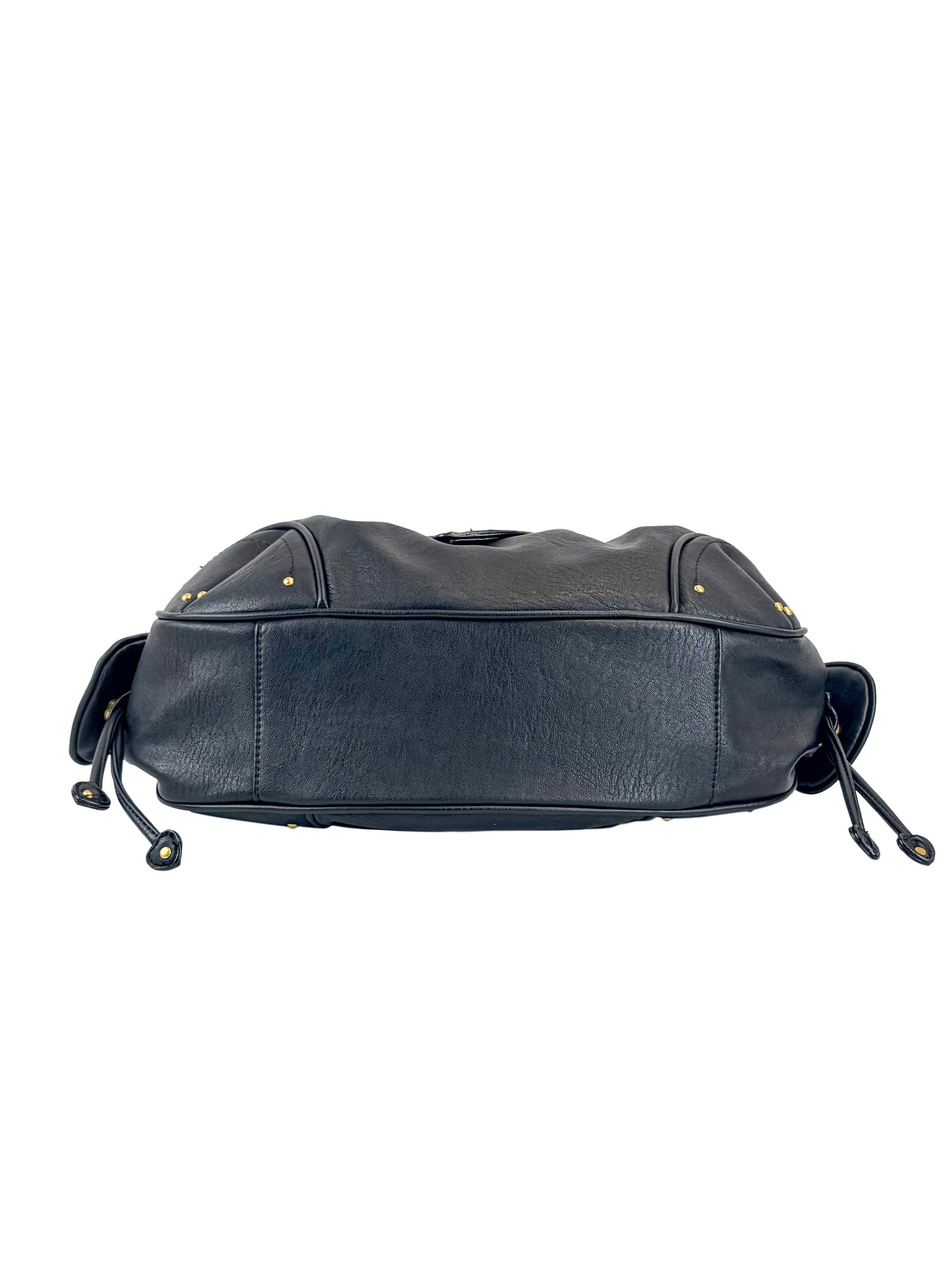 A bottom view of the Vintage Vibes Satchel Bag in black leather, featuring gold rivets and stylish black drawstring details on each end—an ideal accessory for retro-inspired glamour.