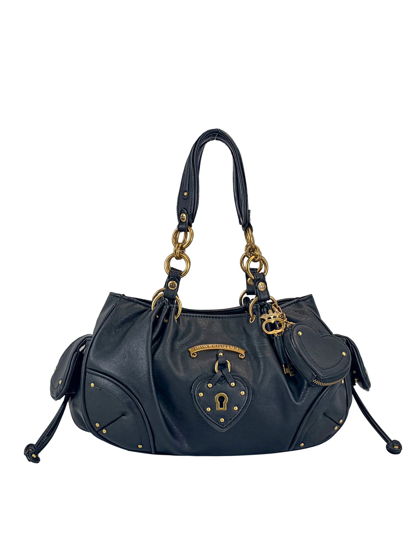 The Vintage Vibes Satchel Bag features black leather, gold hardware, double handles, and a decorative lock and key. Side pockets, studs, and a structured design add a throwback glamour to this Juicy satchel.